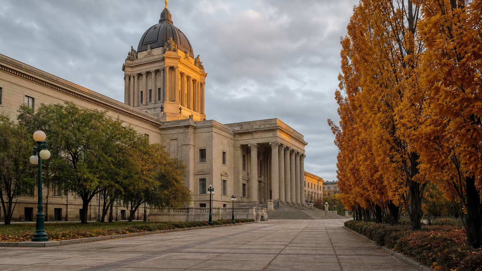Manitoba Legislative Building in Winnipeg on an overcast autumn day: stone columns, a dark dome with a small golden statue at the peak, a paved walkway, and empty grounds. No people.