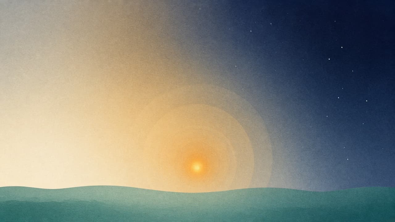 Abstract illustration: a warm glow sends soft rings of light across a sky that shifts from dawn to night.