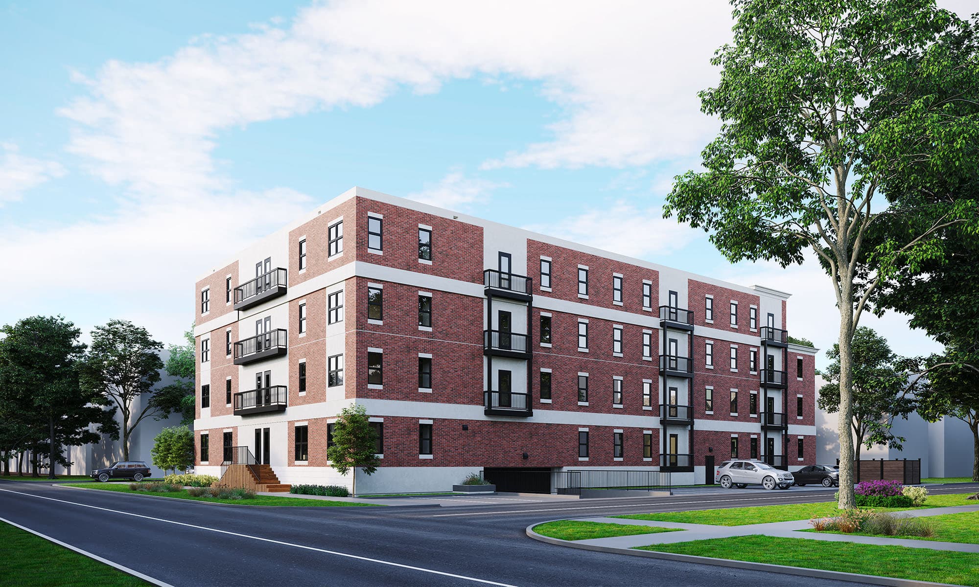 Architectural rendering of the 670 McMillan building — front entrance view with red brick facade